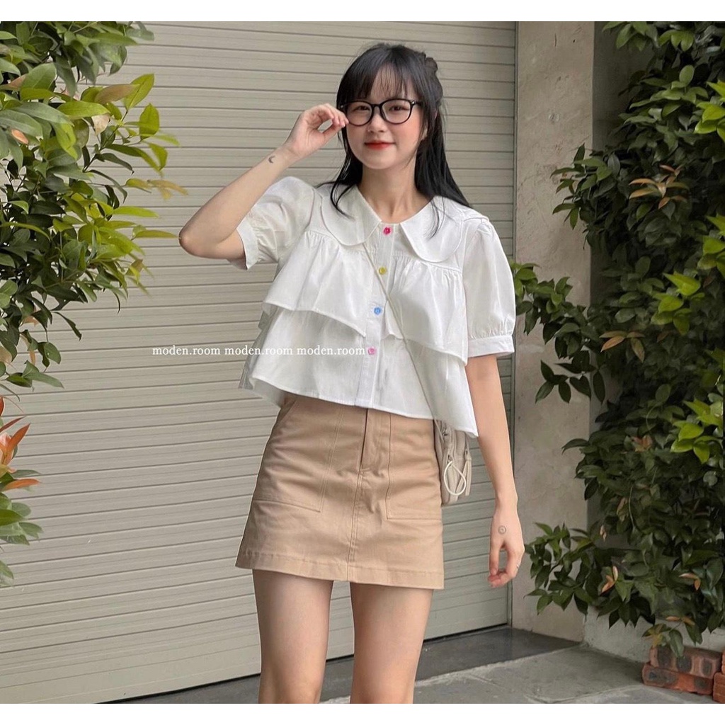 Áo Sơ Mi cổ tầng bèo cúc hình hoa, Áo sơ mi trắng dáng croptop đi học đi chơi