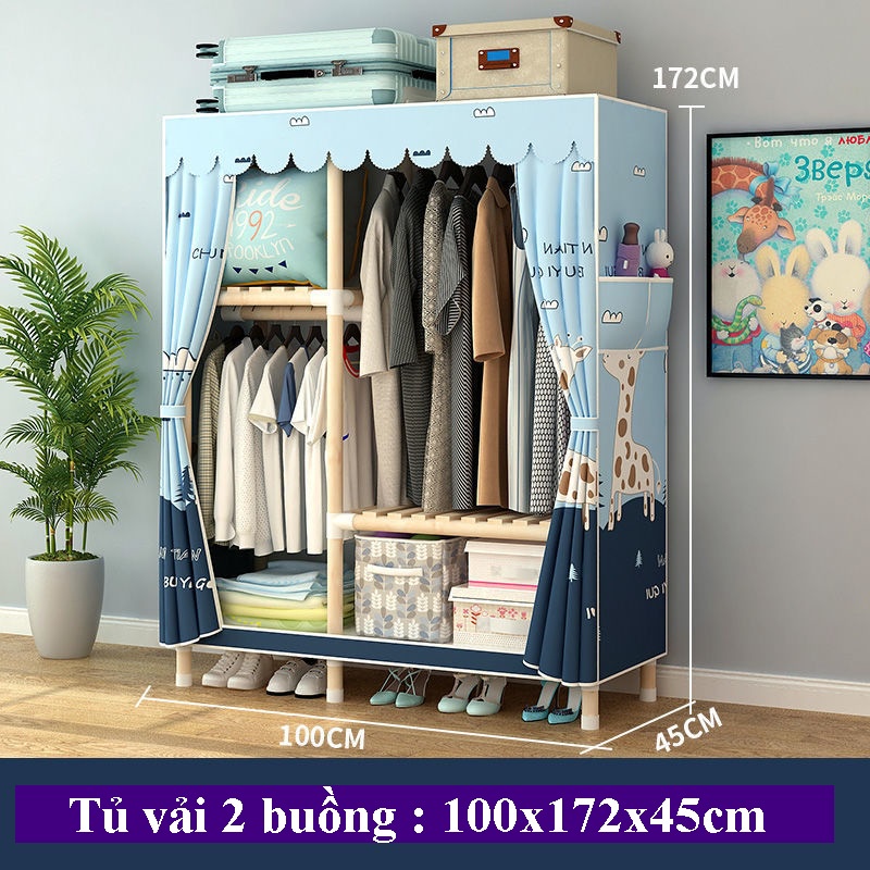 Tủ vải khung gỗ, tủ quần áo vải 2 buồng 4 ngăn khung gỗ thông bọc nhựa PVC kích thước 100x170x45cm bảo hành 12 tháng
