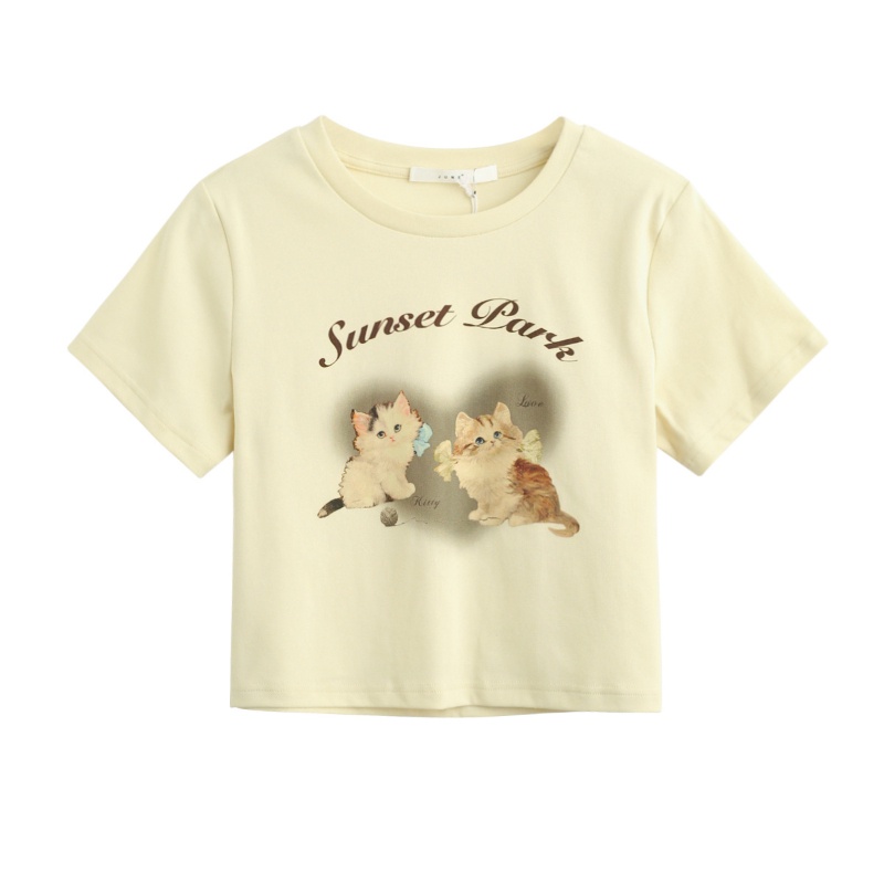 Áo thun COZOKC tay ngắn cổ tròn in hình mèo dễ thương