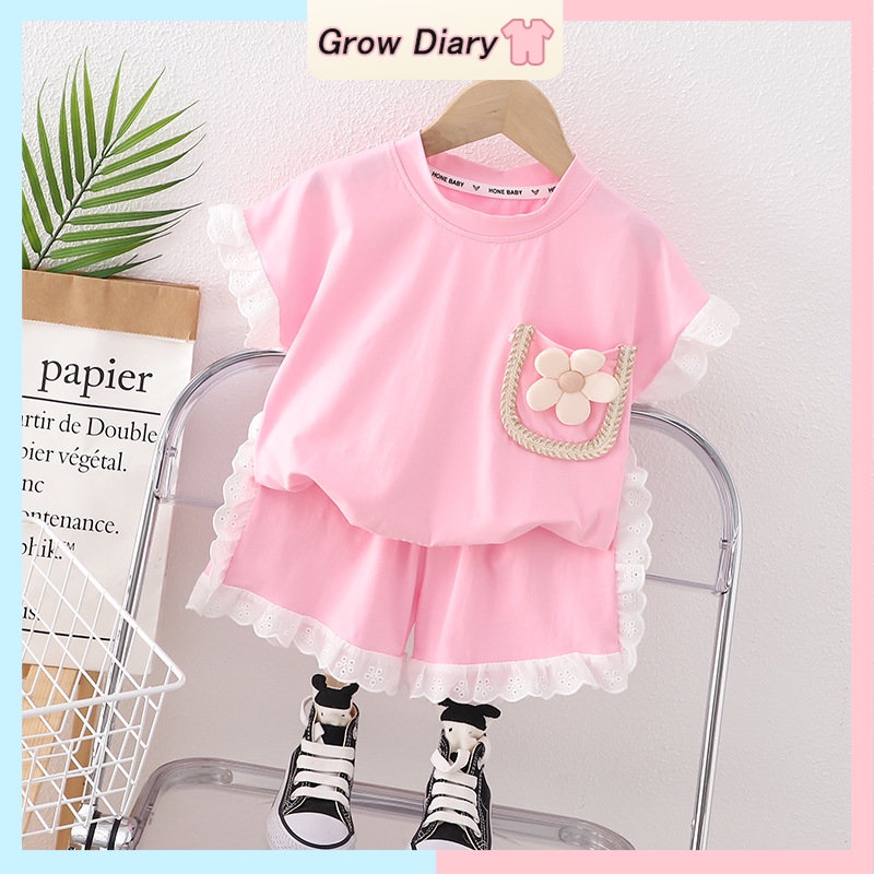 Bộ Áo Tay Ngắn Màu Trơn Phối Ren Hoa + Quần Short Xinh Xắn Thời Trang Cho Bé Gái Từ 0-5 Tuổi