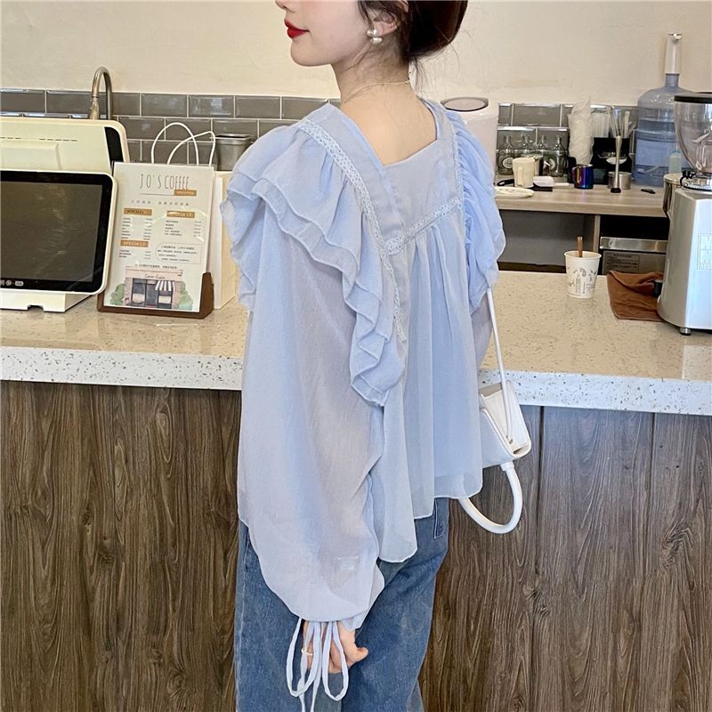 IELGY Áo Sơ Mi Dài Tay Cổ Vuông Phối Bèo Ngọt Ngào Thời Trang Cho Nữ