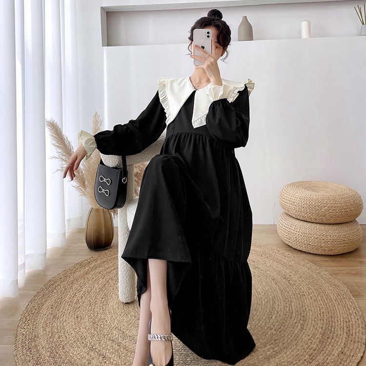 [Hàng Mới Về] Đầm Bầu Dáng Dài Cổ Bẻ Phối Bèo Phong Cách Phương Tây Thời Trang Xuân Thu