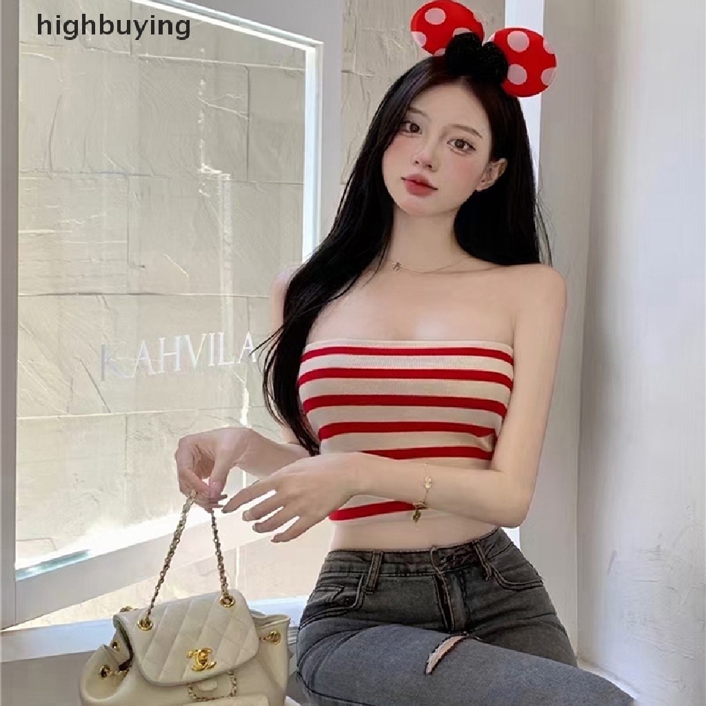 Áo Croptop Dệt Kim Không Tay Họa Tiết Kẻ Sọc Thời Trang Mùa Hè Hàn Quốc Cho Nữ