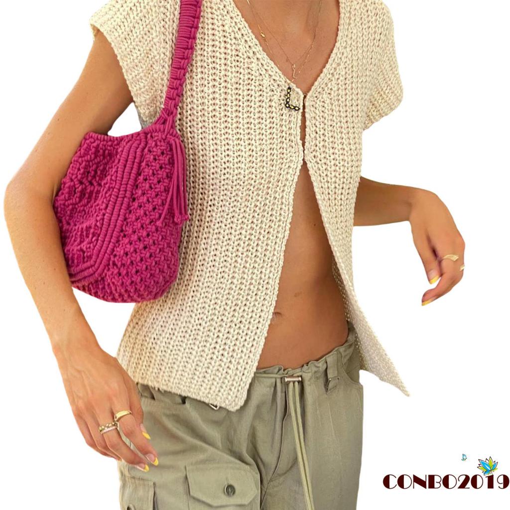 Áo Crop Top Dệt Kim Tay Ngắn Một Hàng Nút Màu Trơn Thời Trang Mùa Hè Cho Nữ