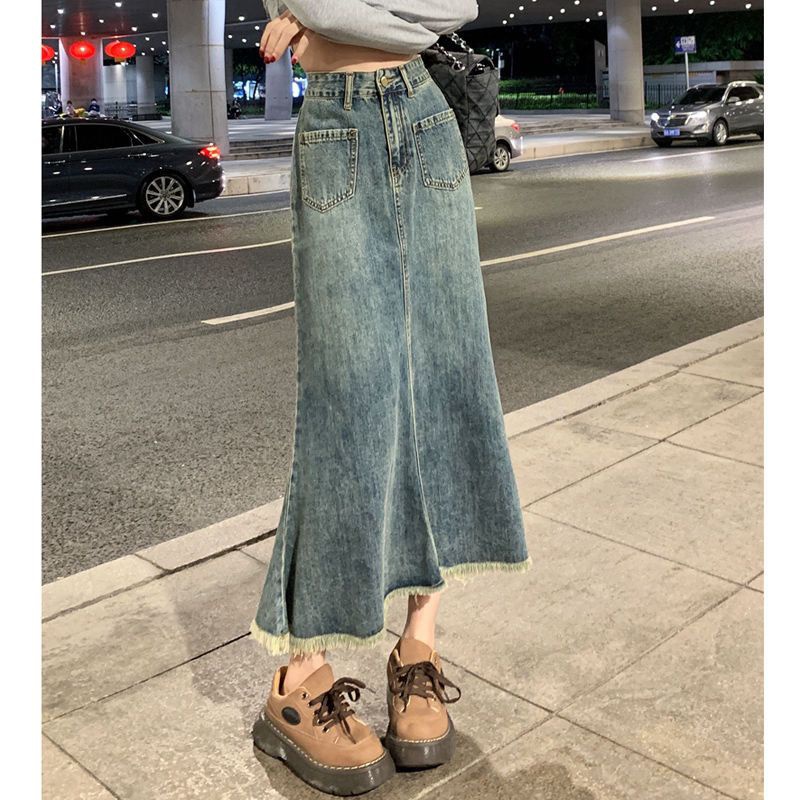 Chân váy jean Đuôi Cá Dáng Chữ A Viền Thô Phong Cách Vintage Thời Trang Mùa Hè Dành Cho Bạn Nữ
