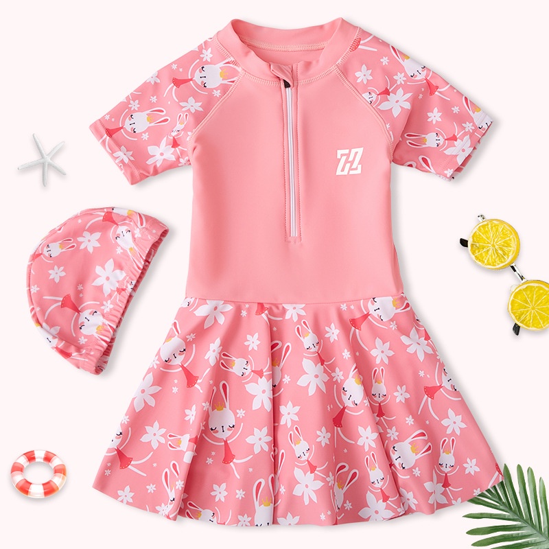 Bộ Đồ Bơi Một Mảnh Tay Ngắn Kèm Mũ Bơi Cho Bé Gái