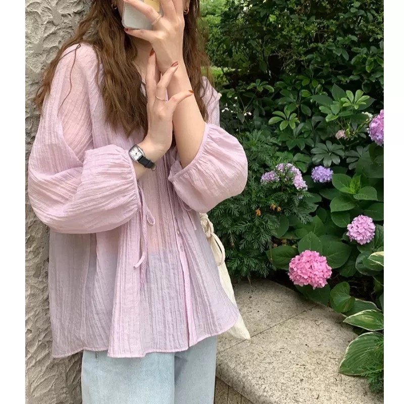 Áo sơ mi voan đũi nhăn cổ tim tay nơ dễ thương MS672