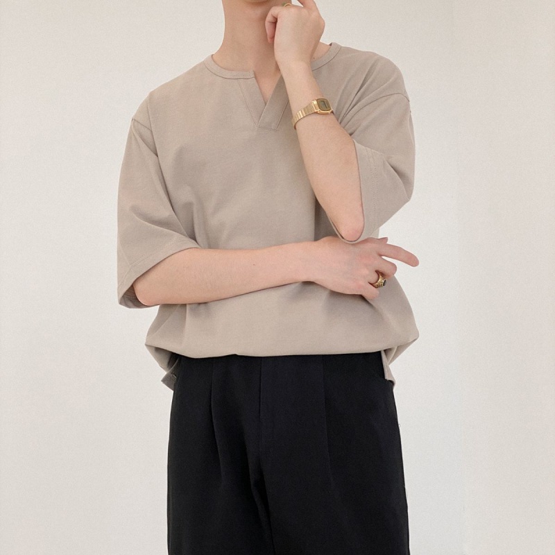 Áo Thun Nam Tay Ngắn Cổ Chữ V Màu Trơn Phong Cách Hàn Quốc Thời Trang Mùa Hè Mới