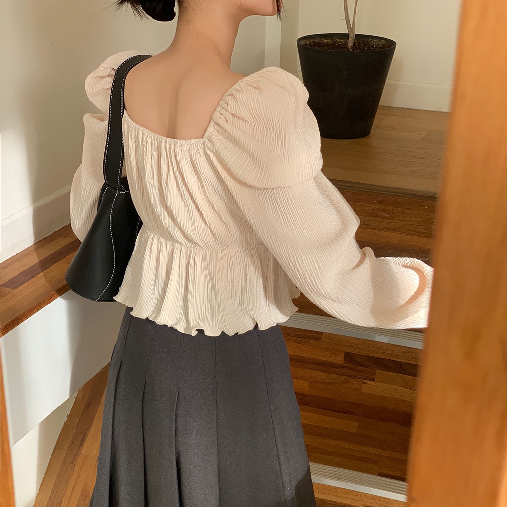 SUXI Áo Sơ Mi Tay Dài Phồng Trễ Vai Màu Trơn Phong Cách Hàn Quốc