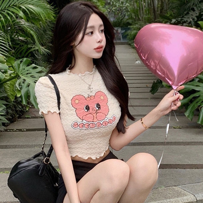 Áo thun YEYA ngắn tay in họa tiết gấu và hoa thời trang gợi cảm cho nữ