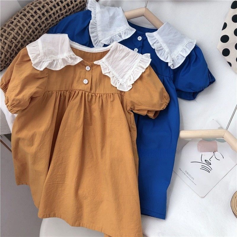 Đầm Công Chúa Mùa Hè Một Mảnh Tay Cộc Màu Xanh Dương Có Hàng Nút 50% Xòe 50% Thời Trang Hàn Quốc Cho Bé Gái