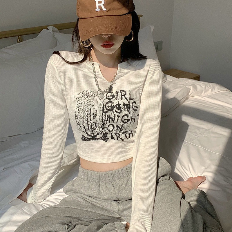 Áo Thun croptop Tay Dài Cổ Chữ V Thiết Kế Mỏng Mùa Thu Phong Cách Mới Cho Nữ