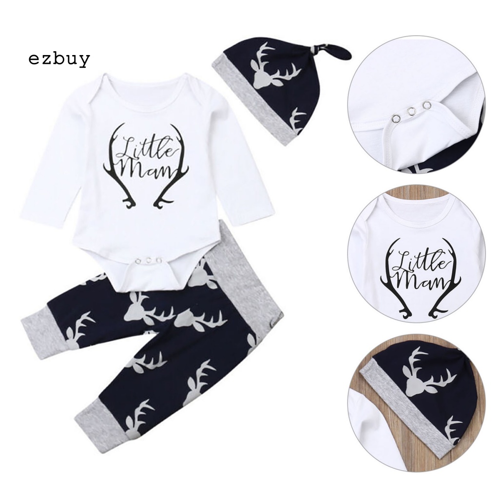 Bộ 3 Món Áo Liền Quần Tay Dài In Chữ Hoạt Hình + Mũ Trùm Tiện Dụng Cho Bé Sơ Sinh