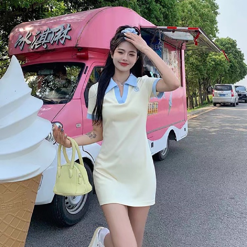 Đầm thể thao GJCUTE MFC ngắn dáng ôm cổ chữ v màu sắc tương phản thời trang mùa hè thanh lịch cho nữ