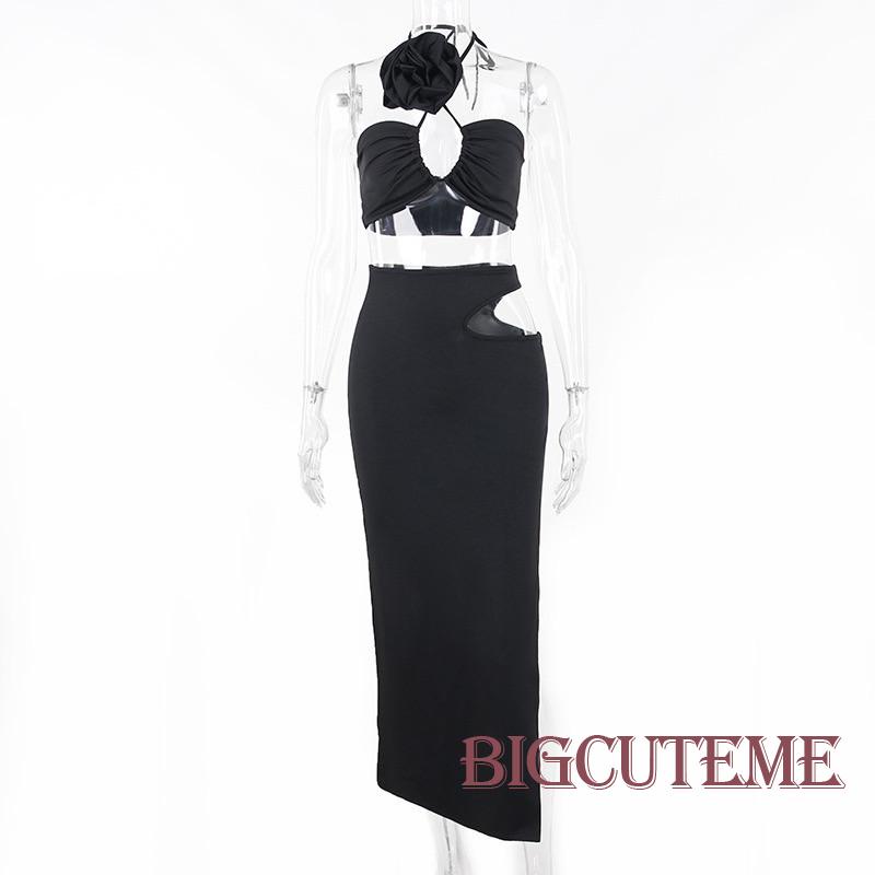 Set Đồ Mùa Hè 2 Món Gồm Áo Hai Dây Buộc Cổ Buộc Dây Màu Trơn + Chân Váy Dài Họa Tiết Hoa Màu Trắng / Đen Cho Nữ