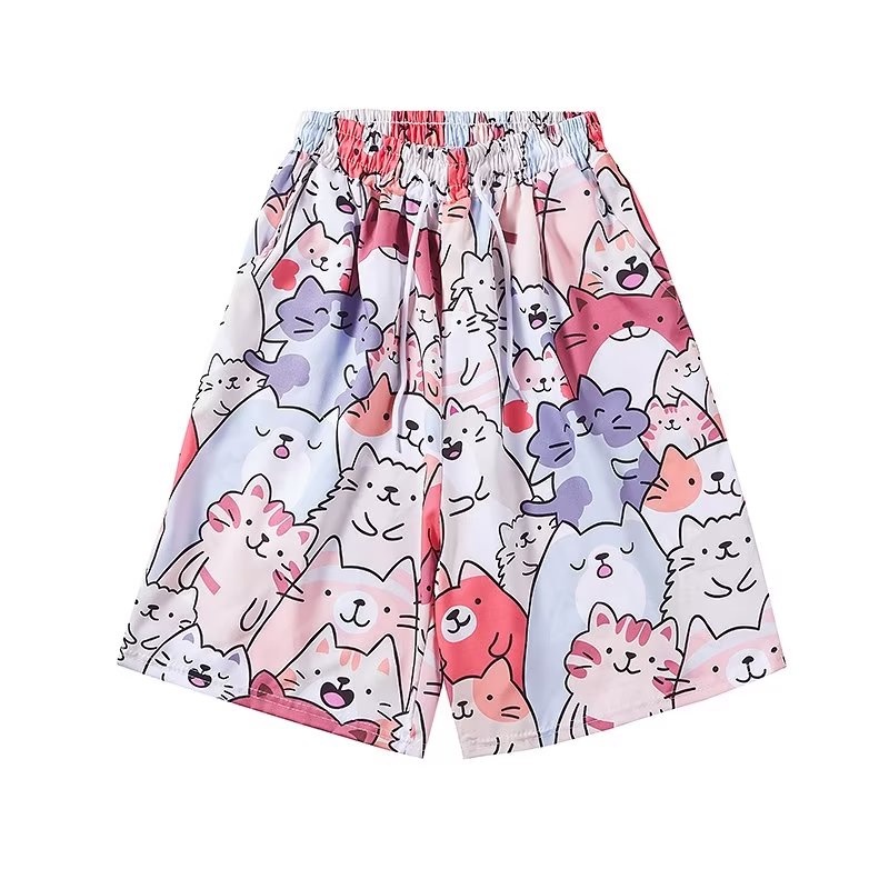 Áo Sơ Mi Ngắn Tay Nhuộm Màu Họa Tiết Hoạt Hình + Quần short Dáng Rộng Phong Cách Hàn Quốc Thời Trang Đi Biển Hawaii