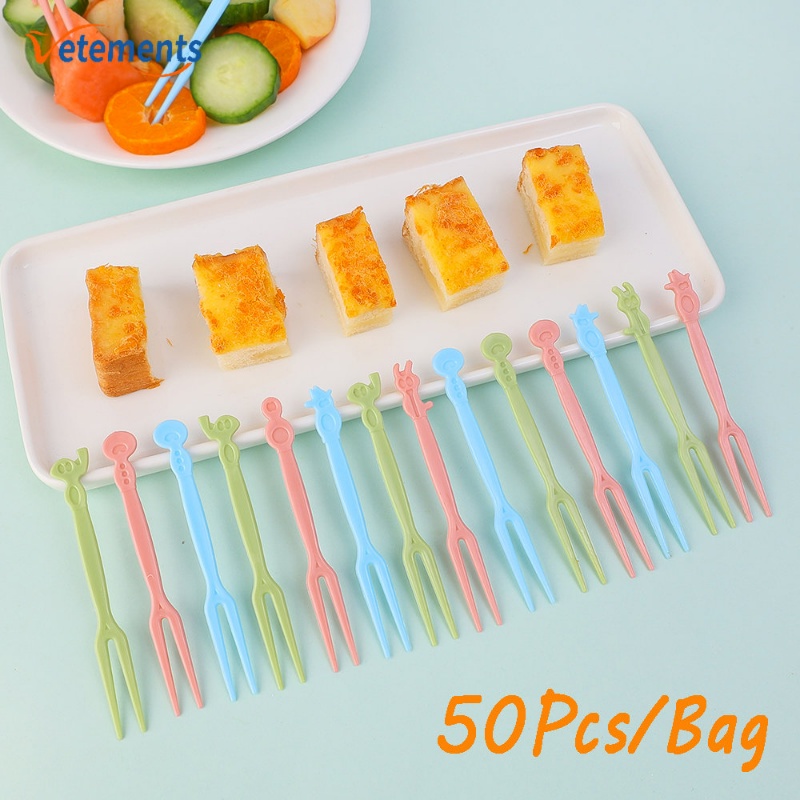Set 50 Nĩa Ăn Trái Cây / Thức Ăn Bằng Nhựa Dùng Một Lần Họa Tiết Hoạt Hình Dễ Thương