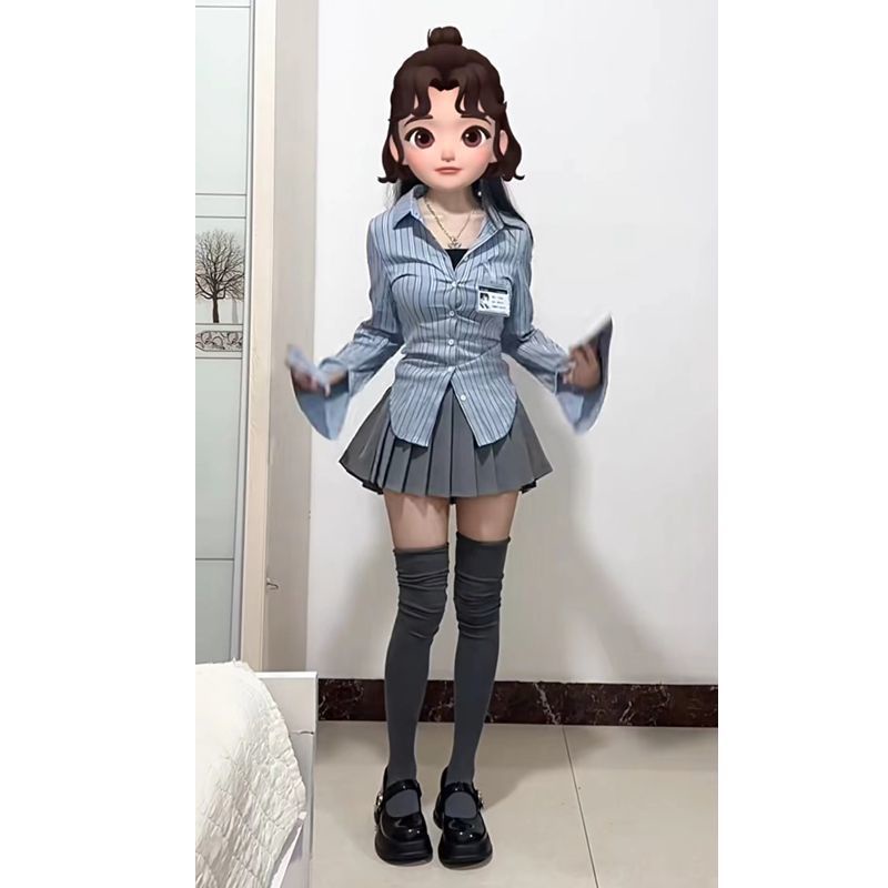 Set Áo Sơ Mi Kẻ Sọc + Chân Váy Xếp Ly Lưng Cao Màu Xám Thời Trang Cho Nữ