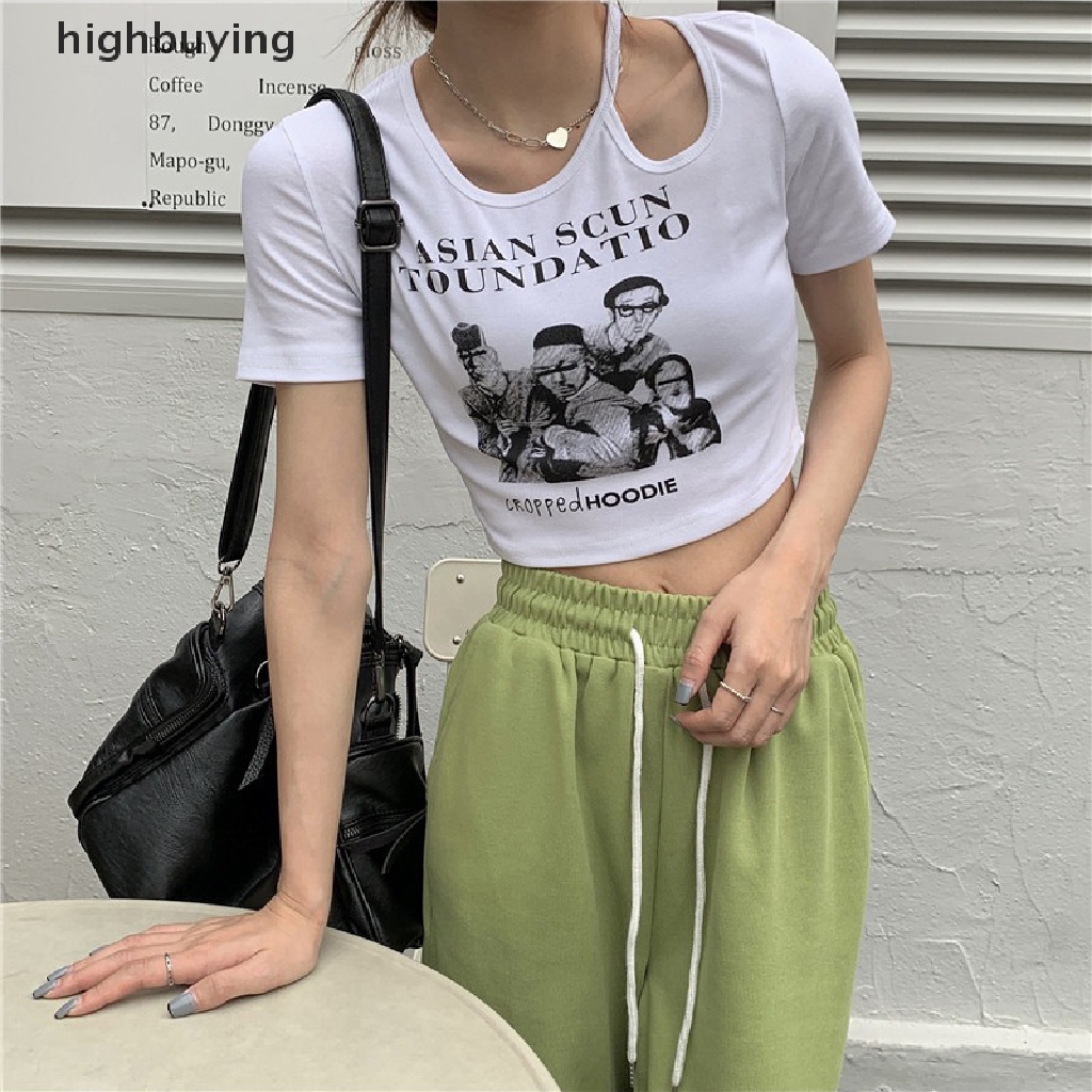 Áo Thun Lửng Ngắn Tay Cổ Tròn In Họa Tiết Phong Cách Retro Mỹ Cho Nữ