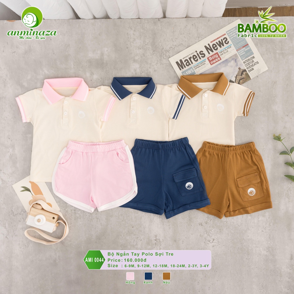 Aminaza Bộ cộc tay polo sợi tre cổ phối màu xuân hè 2023 cho bé