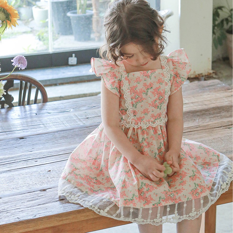 Đầm Hai Dây Phối Ren Hoa Thời Trang Mùa Hè Hàn Quốc 2023 Cho Bé Gái