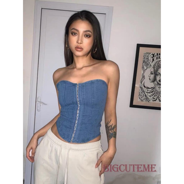 [] - Áo Ống Denim Nữ Hình Xương Cá Thắt Dây Trước Sau Màu Xanh Dương Y2K Phong Cách Hàn Quốc