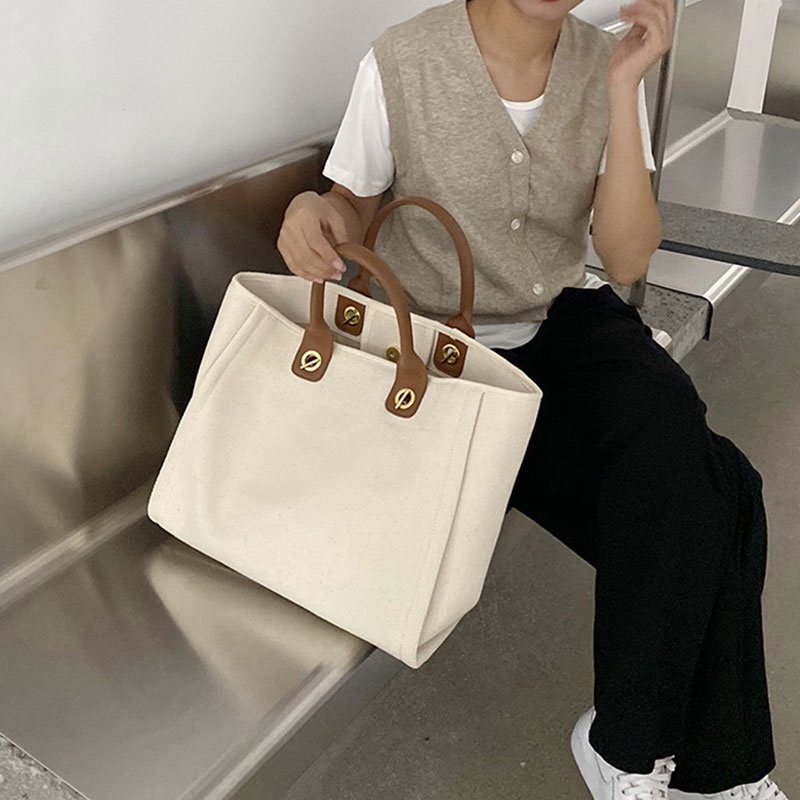 Túi Tote Đeo Vai Bằng Vải Bạt Sức Chứa Lớn Phong Cách Pháp Mới Cho Nữ