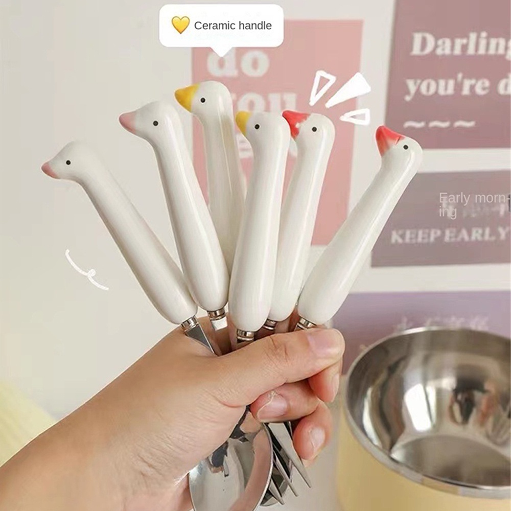 Đầu Ngỗng Bộ Đồ Ăn Bộ Muỗng Bằng Thép Không Gỉ Di Động Tay Cầm Bằng Gốm Mèo Móng Vuốt Muỗng Nĩa Y
