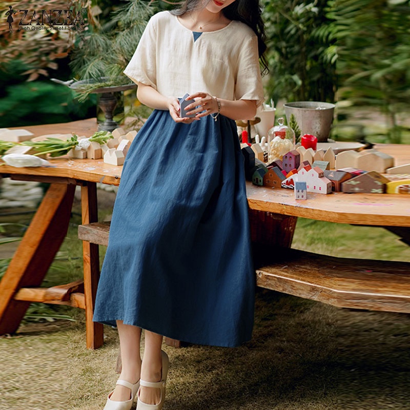 Đầm nữ ZANZEA tay ngắn cổ tròn có túi thời trang