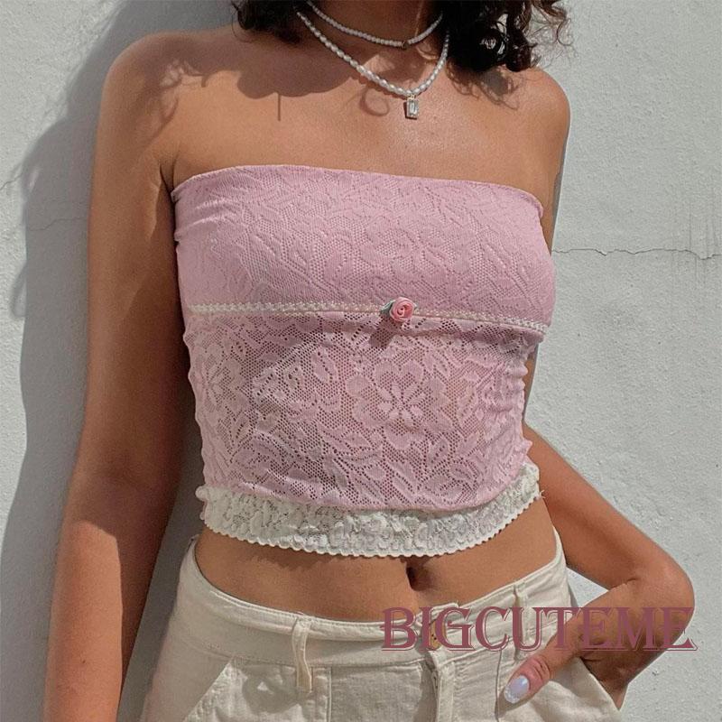 Áo Croptop Ren Hoa Mùa Hè Dạng Ống Không Tay Hở Vai Màu Hồng Cho Nữ