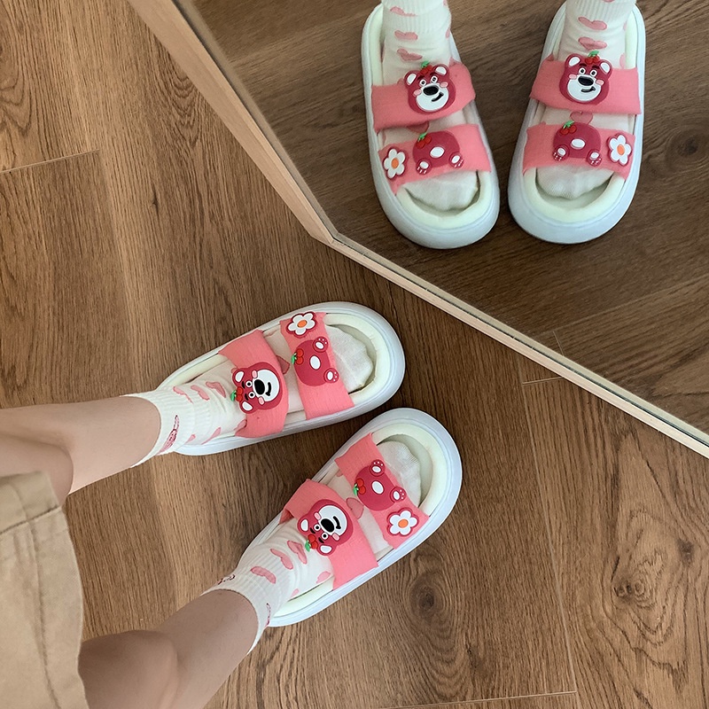 Dép Quai Ngang Đế Dày Gọn Nhẹ In Họa Tiết Hoạt Hình Phong Cách Hàn Quốc Xinh Xắn Cho Nữ