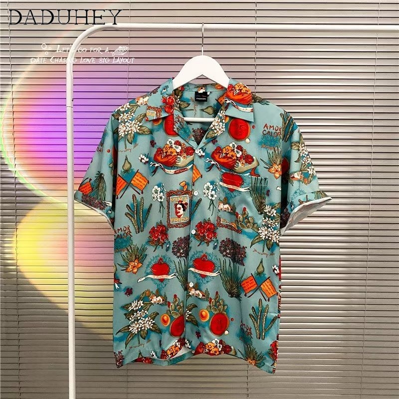 DaDuHey Men's Hong Kong Style Fashion Brand Hip Hop Print Shirt 2023 Summer Versatile Short-Sleeve Shirt Chiffon Casual Handsome Top Clothes