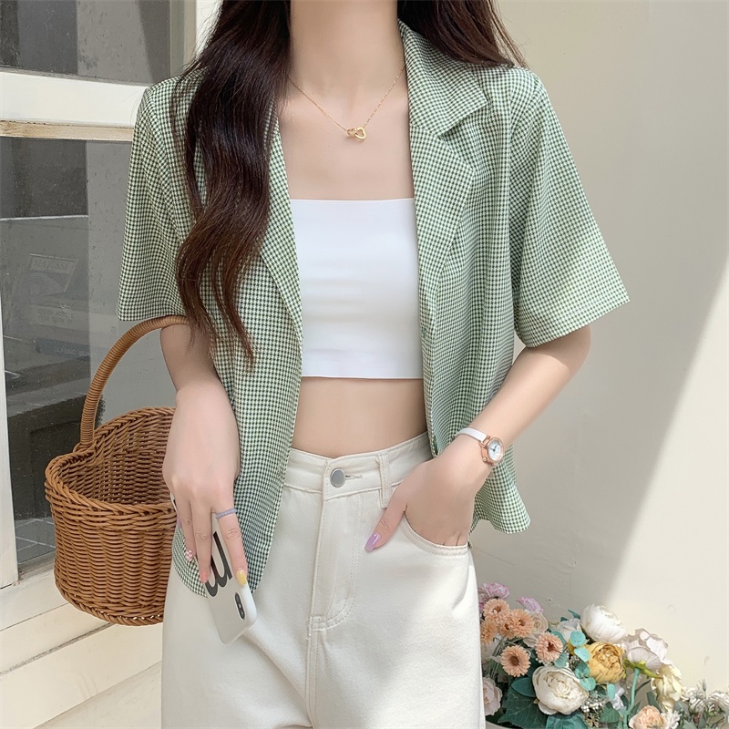 Áo Vest Ngắn Họa Tiết Sọc Caro Phong Cách Hàn Quốc Thời Trang Mùa Hè Cho Nữ