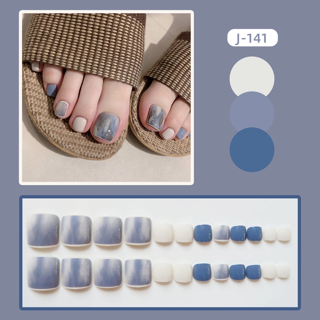 Set 24 móng chân giả, móng up, họa tiết vân mây xanh J141 kèm keo