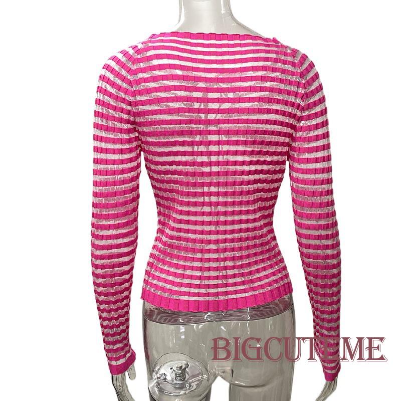 [] Áo Thun Crop Top Tay Dài Cổ Thuyền Họa Tiết Kẻ Sọc Buộc Dây Phía Trước Cho Nữ