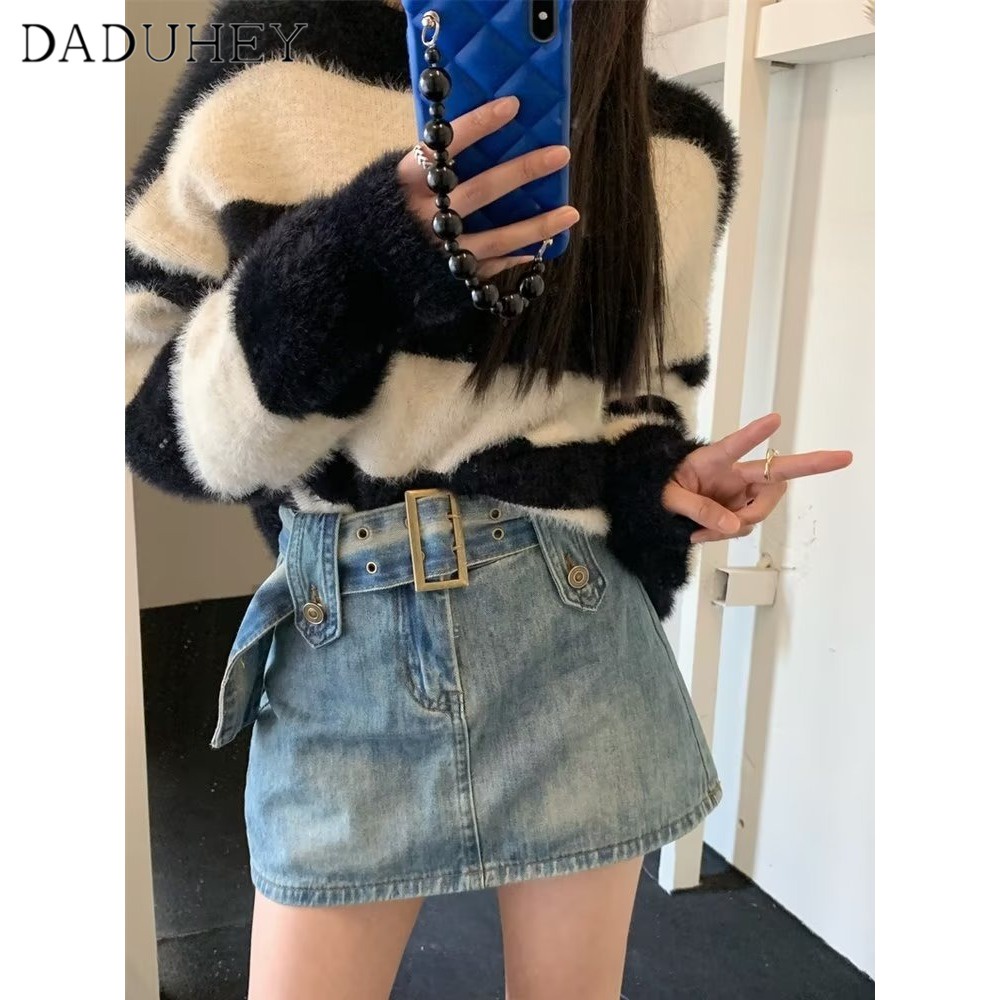 DaDuHey New Korean Version of Ins High Waist Denim Skirt Retro Washed Large Size WOMEN'S Skirt Bag Hip Skirt