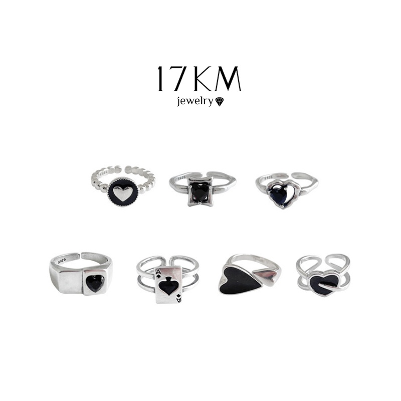 Set 7 nhẫn 17KM đính đá zircon đen cổ điển kiểu trái tim thời trang dành cho nữ