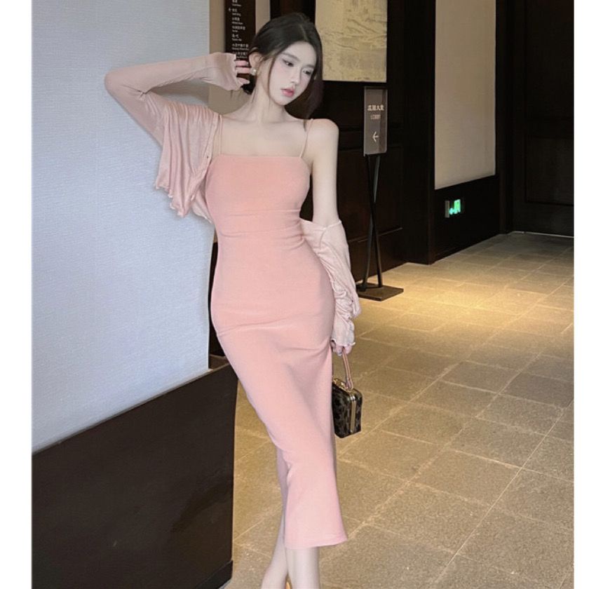 New elegant French gentle dress set with flesh-covering suspender skirt slimming hip-covering long skirt short coat OKBC
