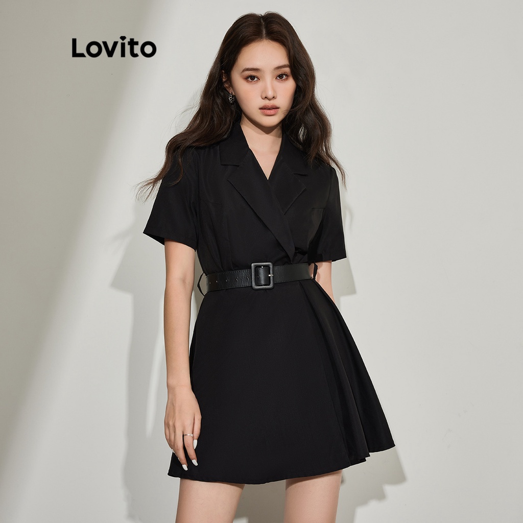 Đầm LOVITO dáng chữ A cổ chữ V có nút cài và thắt lưng màu trơn thanh lịch cho nữ L45ED060 (màu đen)