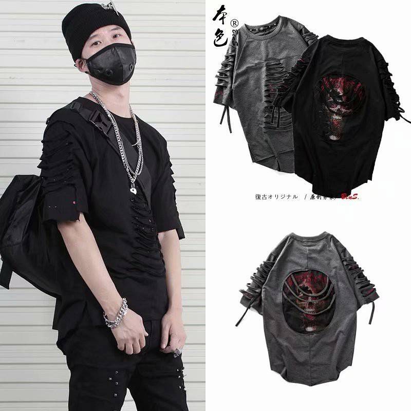 Original European and American Street Trends Ripped Short-Sleeved T-shirt Men's Loose Hip-Hop Hip-Hop Fashionable Brand Half-Sleeved Skull T-shirt Summer eWPu