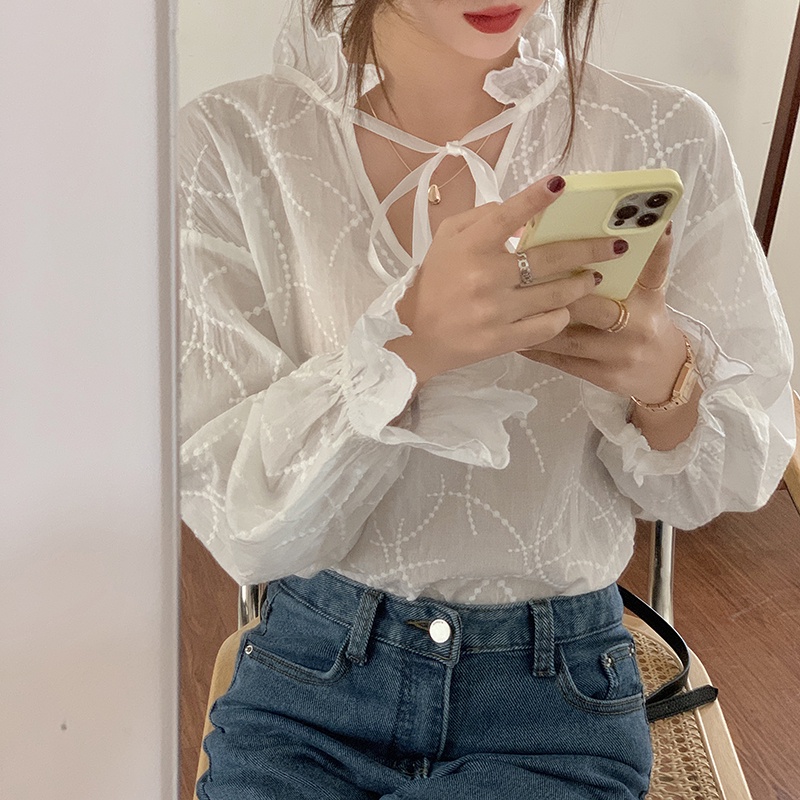 Áo Kiểu Tay Phồng Cổ Chữ V Form Rộng Thiết Kế Mới Thời Trang Mùa Xuân Theo Phong Cách Hàn