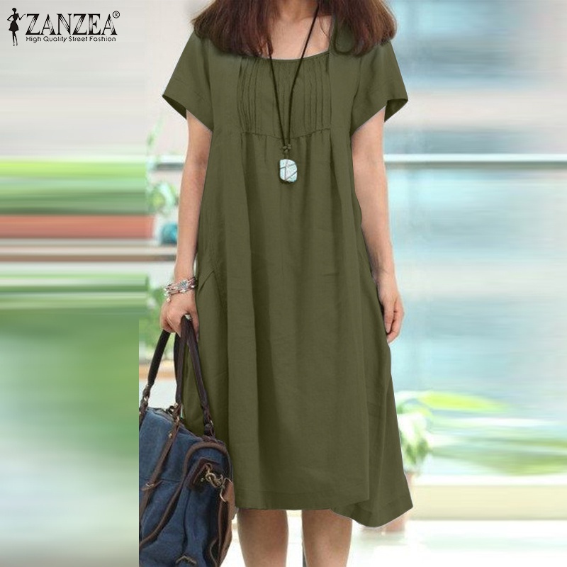Đầm ZANZEA tay ngắn xếp ly thời trang thường ngày phong cách cho nữ