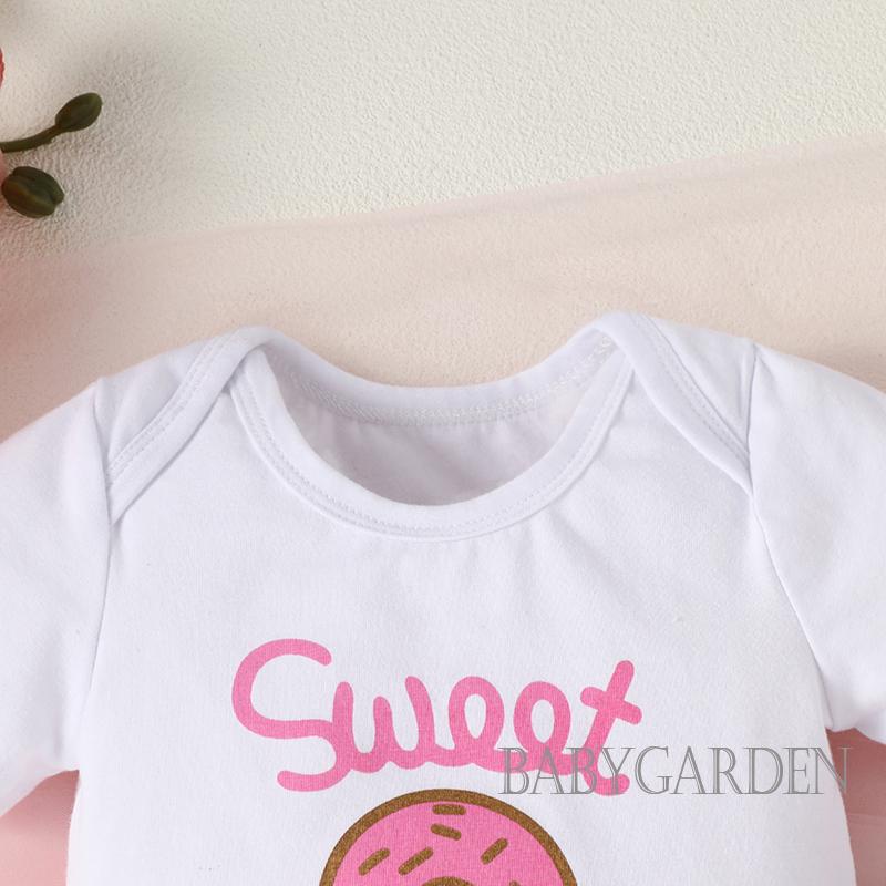 Bộ Áo Liền Quần Tay Ngắn Màu Trắng In Chữ + Chân Váy In Họa Tiết Bánh Donut Dễ Thương Thời Trang Cho Bé Gái Từ 0-18 Tháng Tuổi