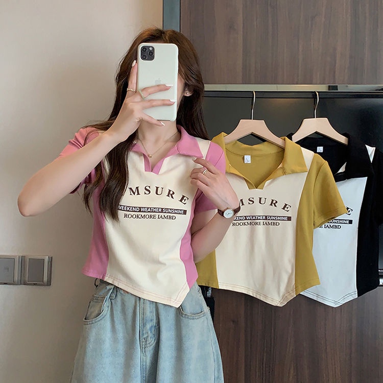 COZOK Áo polo Ngắn Tay In Chữ Ôm Dáng Thiết Kế Lệch Tà Cá Tính