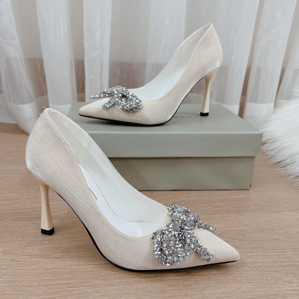 Bít gót 9p lụa xước phối nơ đá GN904