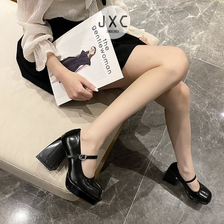 JINxCHOY Giày cao gót JINXCHOY mũi vuông màu trơn phối khóa cài kiểu dáng thời trang
