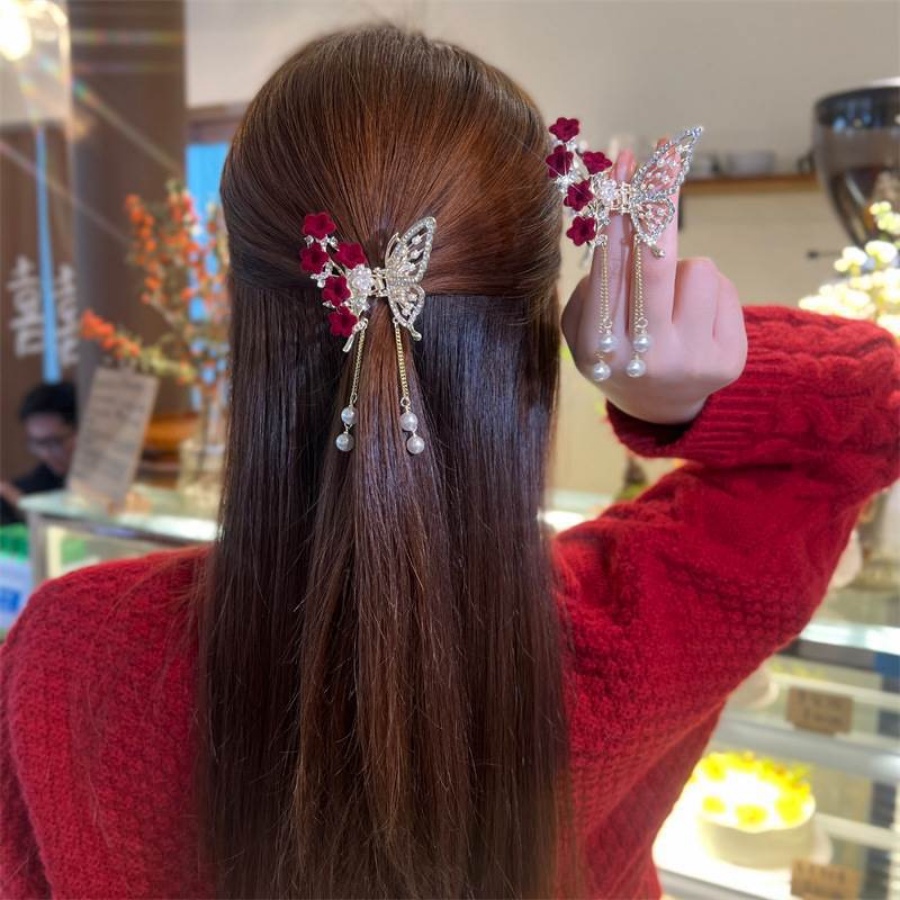 Kẹp Tóc Tua Rua Hình Hoa &amp; Bướm Bằng Hợp Kim Đính Kim Cương Giả Kiểu Hàn Quốc Cho