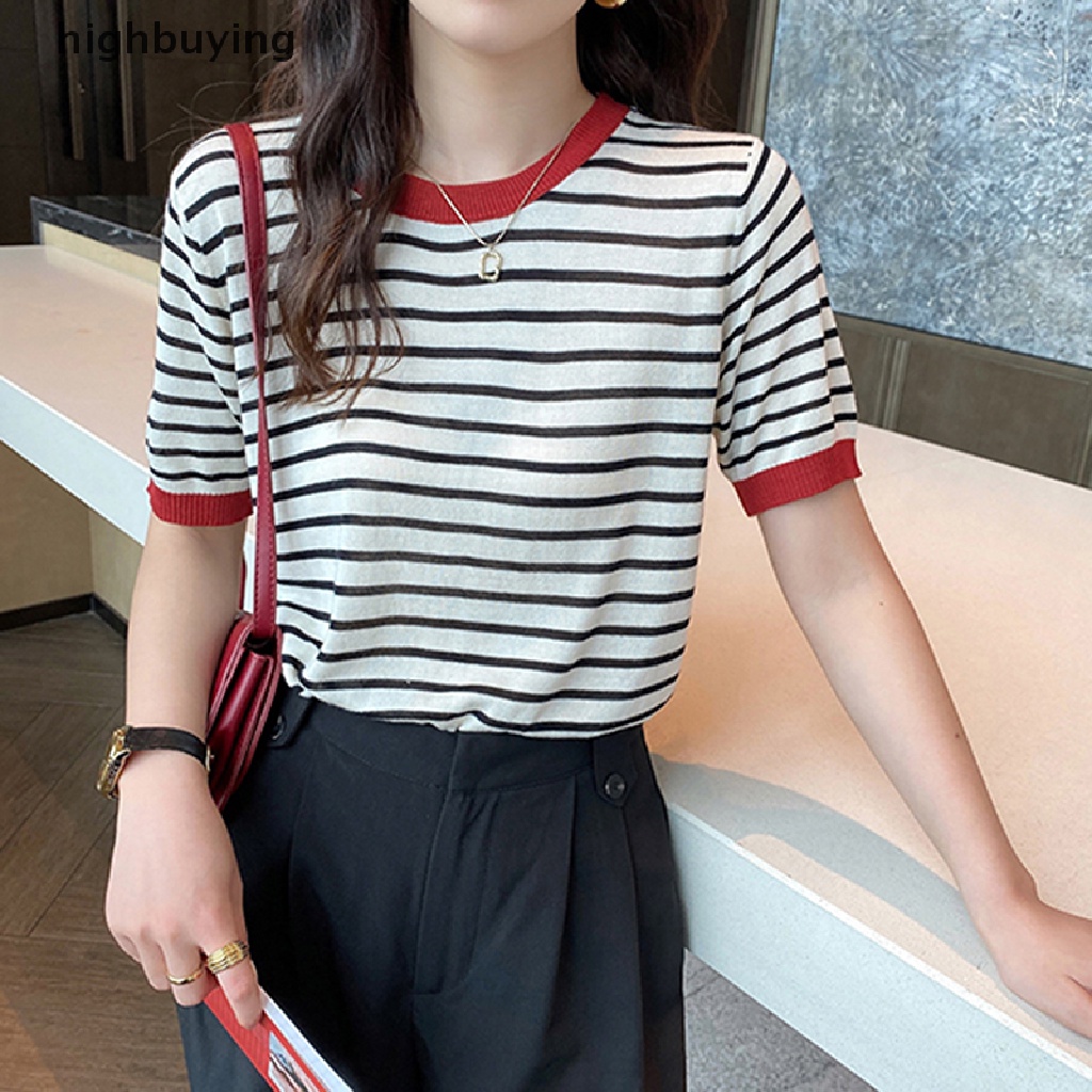 Áo Thun Dệt Kim Tay Ngắn Cổ Tròn Họa Tiết Kẻ Sọc Thời Trang Mùa Hè Cho Nữ