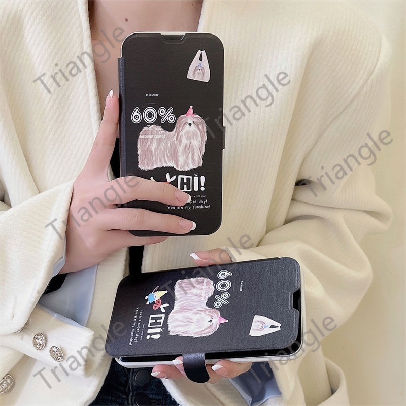 Ốp Điện Thoại Da Nắp Gập Từ Tính Hình Cún / Mèo Dễ Thương Cho iPhone14pro max 13 12 11 14Promax13 12 11