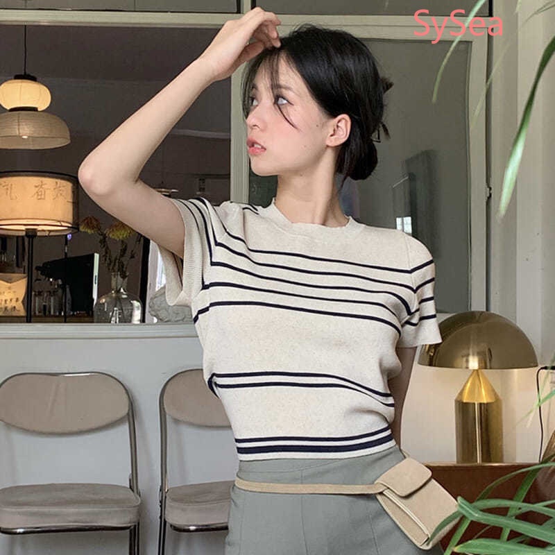 Áo Dệt Kim Cổ Tròn Kẻ Sọc Thời Trang Pháp Cho Nữ